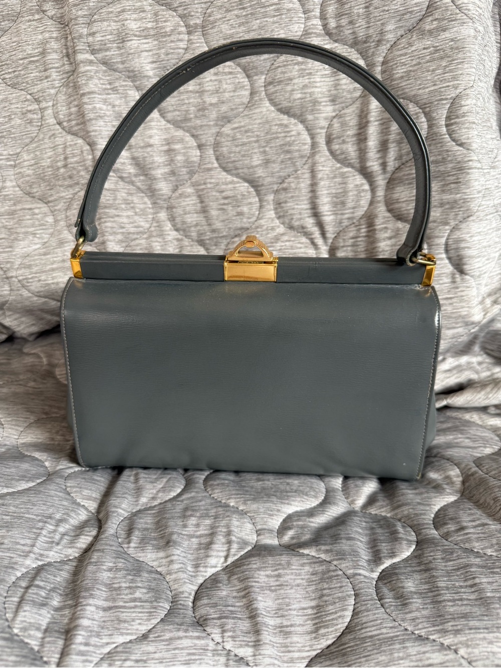 Vintage Classic Structured Top-Handle Shoulder Bag in Gray with Gold Hardware